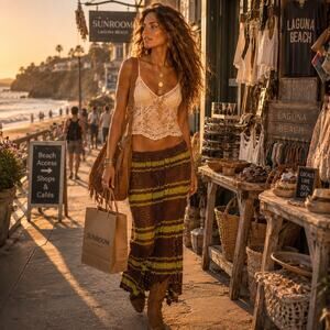 Free People Beach Y2K Crochet Maxi Skirt Brown Green Boho Festival XS